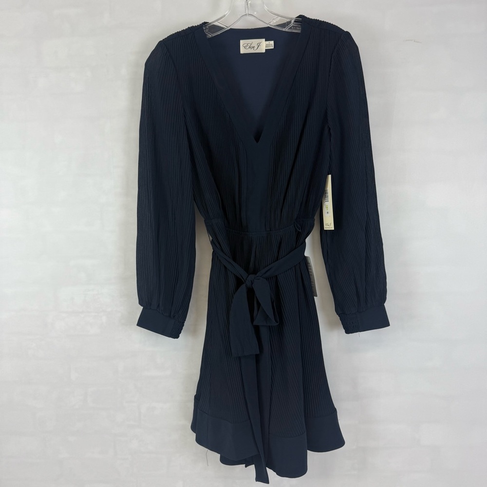 NEW Eliza J Pleated Chiffon V-Neck Long Sleeve Tie Waist Mini Dress Size 4 Navy
